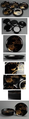 茶懐石道具 黒涂花鸟莳絵铭々皿五客 木制品保证 zgc515